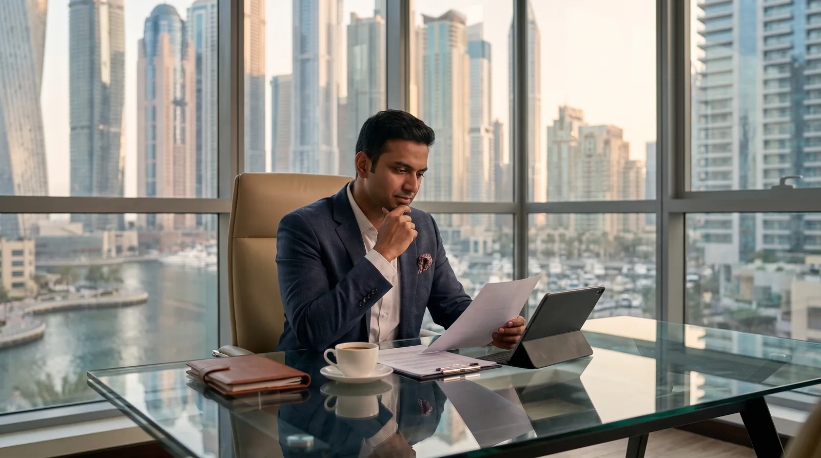 Indian founder reviewing cross border tax papers for a Dubai company at a modern office