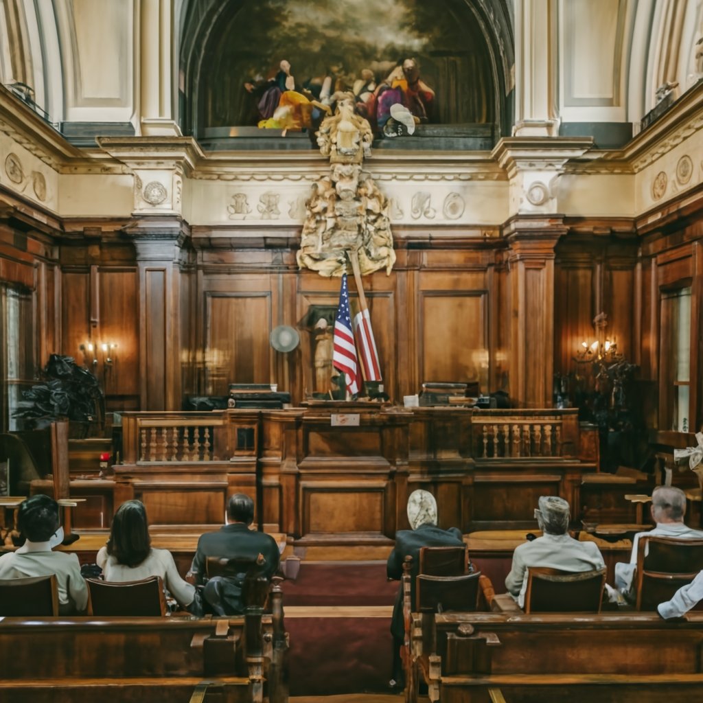 Formal immigration courtroom with a judge presiding over a diverse group of people, depicting the serious and impactful nature of immigration court proceedings.