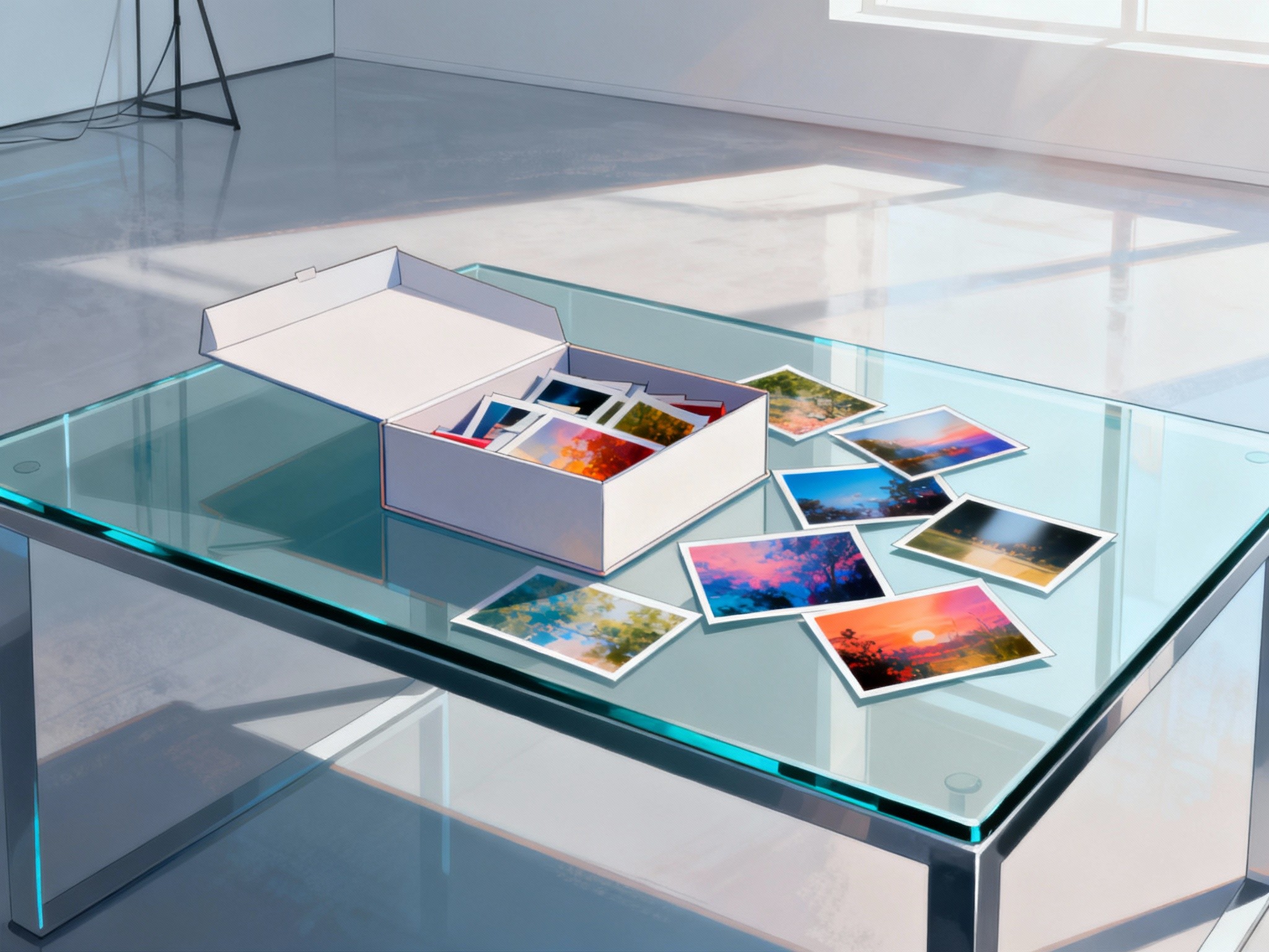 An overhead shot of an open photo box filled with vibrant, glossy prints scattered artistically on a