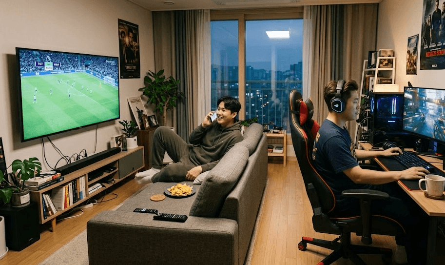거실 소파에 기대 통화하며 대형 TV로 축구 경기를 시청하는 남성과, 그 옆 데스크에서 게이밍 헤드셋을 끼고 모니터로 컴퓨터 게임을 즐기는 남성의 모습입니다. 인터넷과 IPTV를 동시에 사용하는 2인 가구 일상을 보여줍니다.