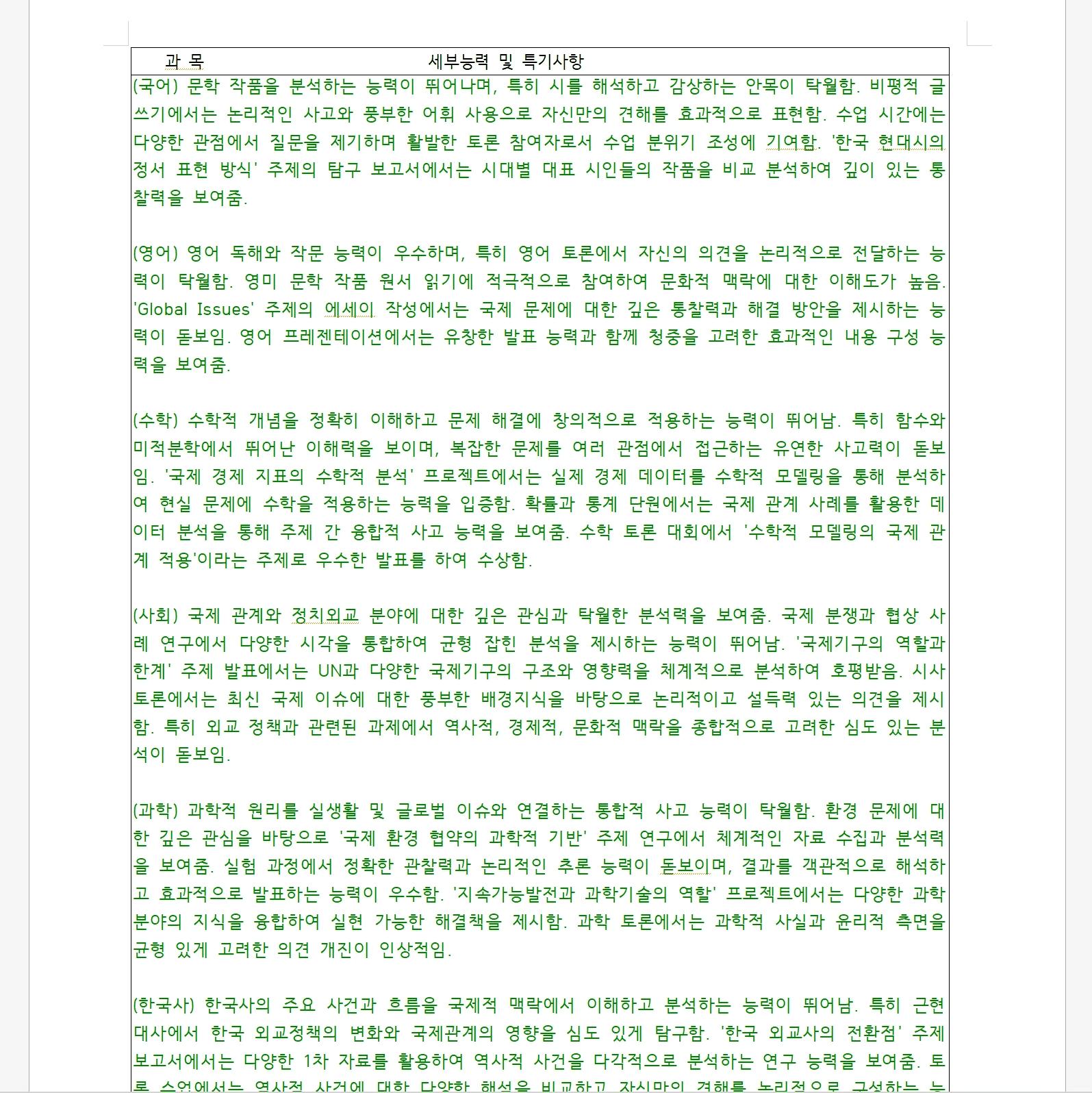 Inline AI 생기부 AI가 NEIS 학교생활기록부 양식에 맞춰 과목별 세부능력 및 특기사항을 자동 작성하는 교사용 AI문서작성 솔루션 화면. 2025학년도, 반/번호/성명 등 학생정보와 세부능력 특기사항 입력 테이블, 오른쪽에는 자료 추가 및 등급 입력 안내가 표시되어 AI로 효율적으로 생기부를 작성할 수 있는 학교 행정 자동화 서비스.