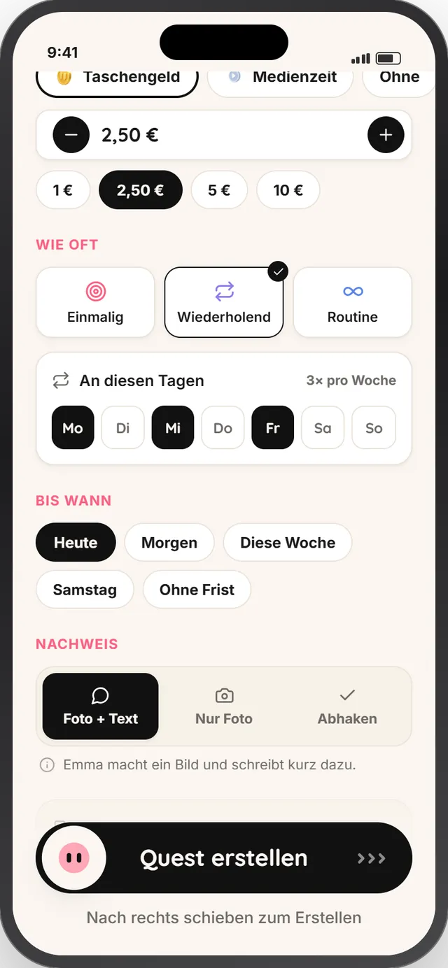 Parent UI: create a task with category, reward and schedule