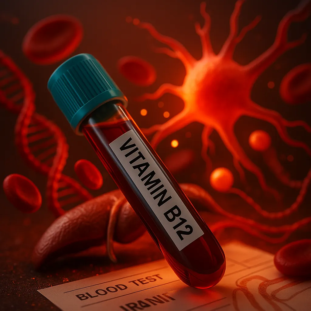 Blood tube labeled Vitamin B12 in front of glowing neurons, DNA strands, and red blood cells