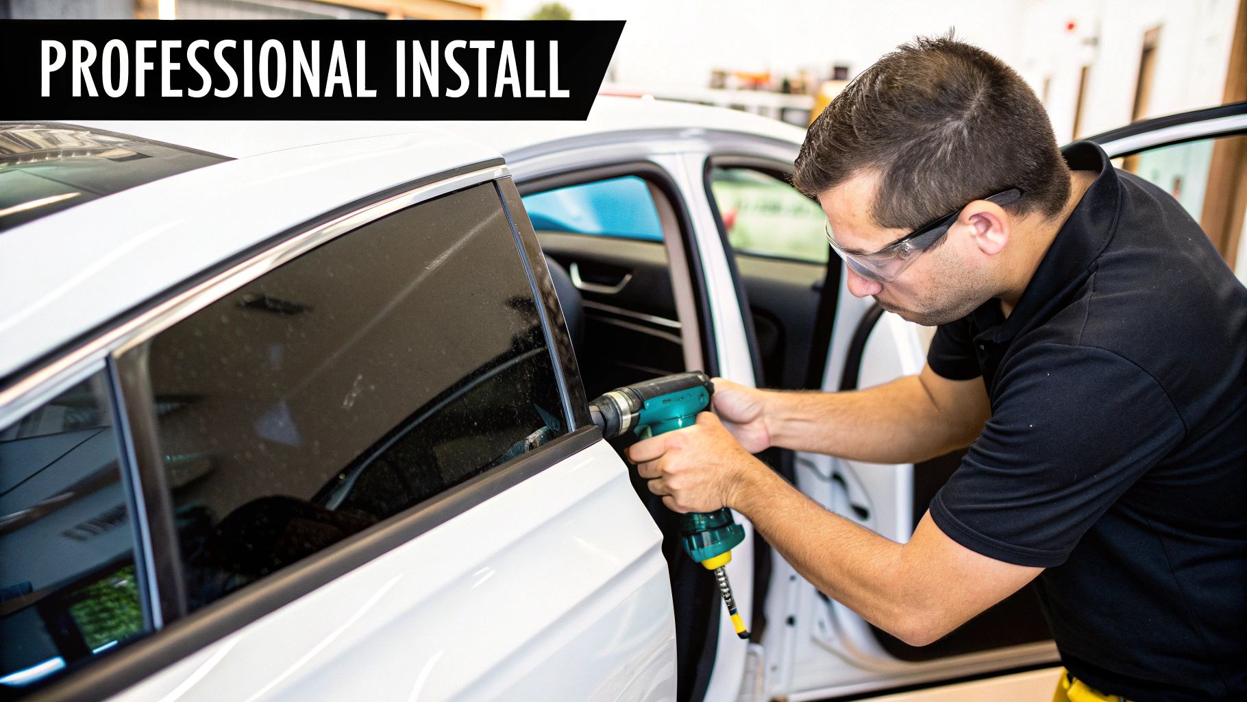 A professional technician in safety glasses uses a power tool to install window tint on a white car door.