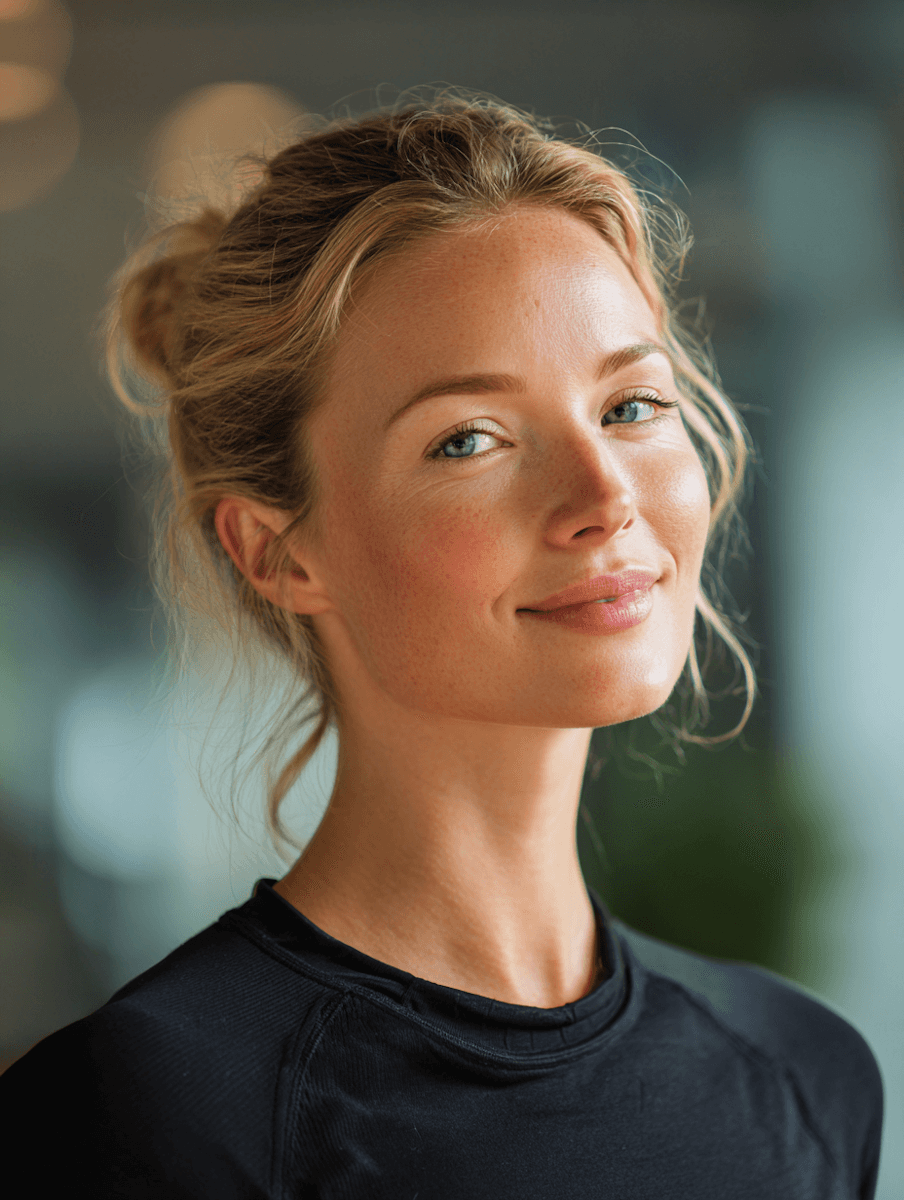 Smiling woman with blonde hair in a casual updo, wearing a black top, in a softly lit indoor setting. The mood is warm and inviting.