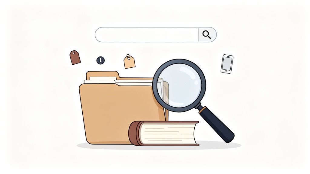 A magnifying glass, search bar, file folder, and book illustrate searching for information and organization.