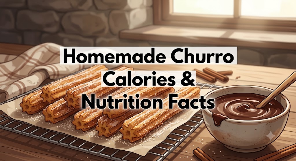 A tray of star-shaped homemade churros dusted with cinnamon sugar, next to a bowl of dark chocolate dipping sauce and cinnamon sticks, on a rustic wooden table, with text that reads 'Homemade Churro Calories & Nutrition Facts'.