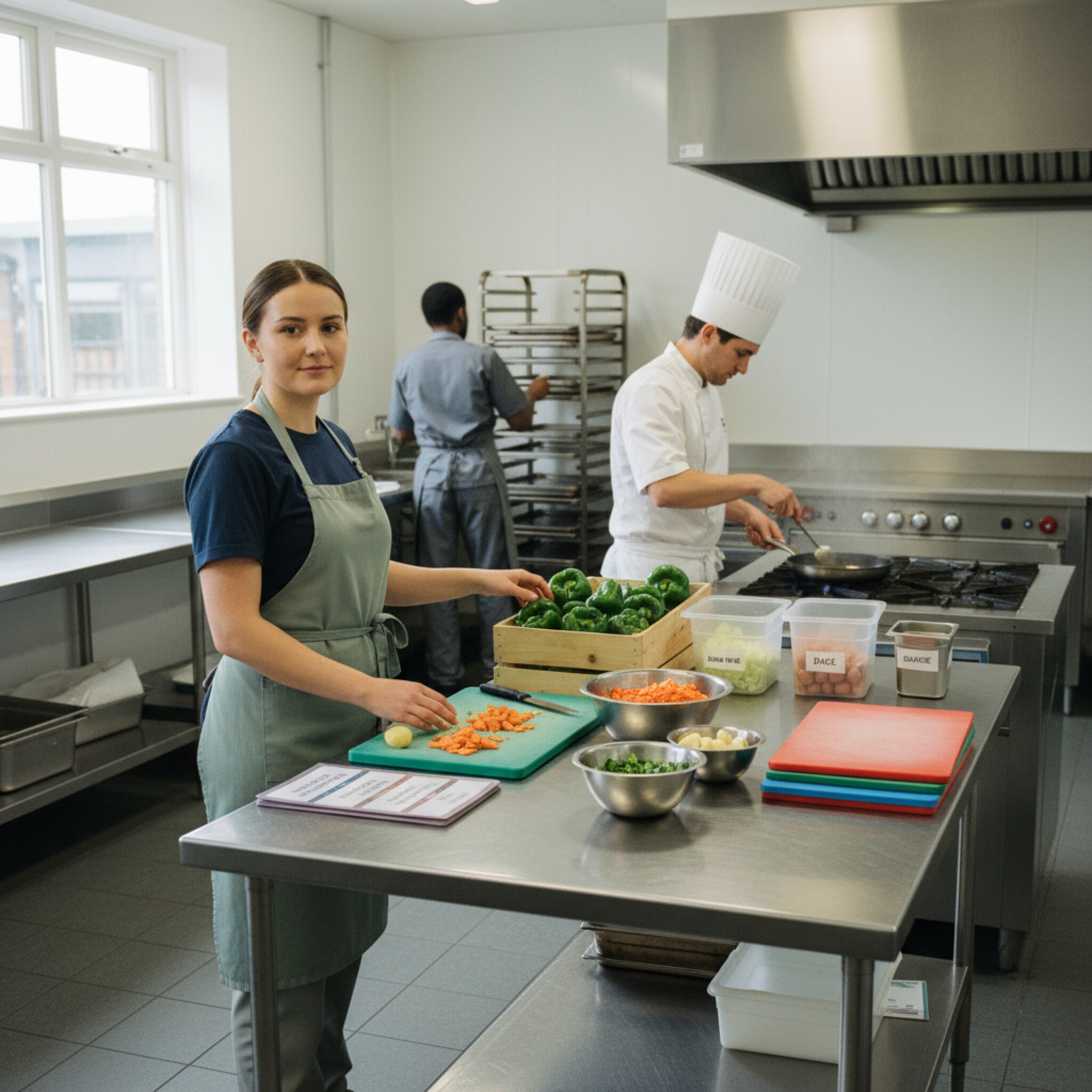 Im Vorbereitungsraum sortiert eine Mitarbeiterin Kisten mit Gemüse nach Rezepten, daneben liegen laminierte Karten mit Zutatenlisten. Ein Koch füllt eine große Pfanne mit geschnittenen Komponenten, im Hintergrund werden Tabletts gestapelt. Die Szene zeigt strukturierte, ruhige Küchenarbeit mit klaren Handgriffen.