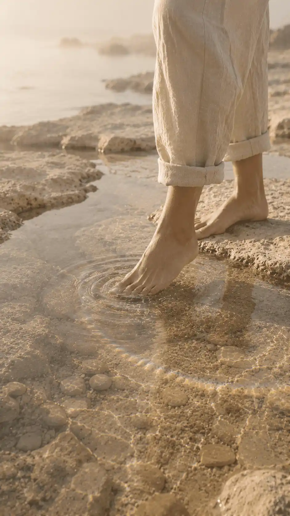 Bare feet stepping into shallow water, sending gentle ripples across a misty shore