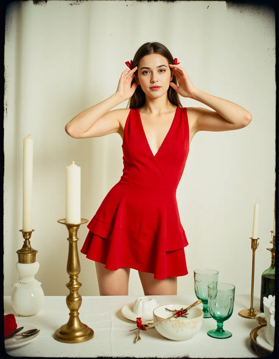 Elegant red dress styled with vintage brass candlesticks and mint glassware in a sophisticated tablescape composition