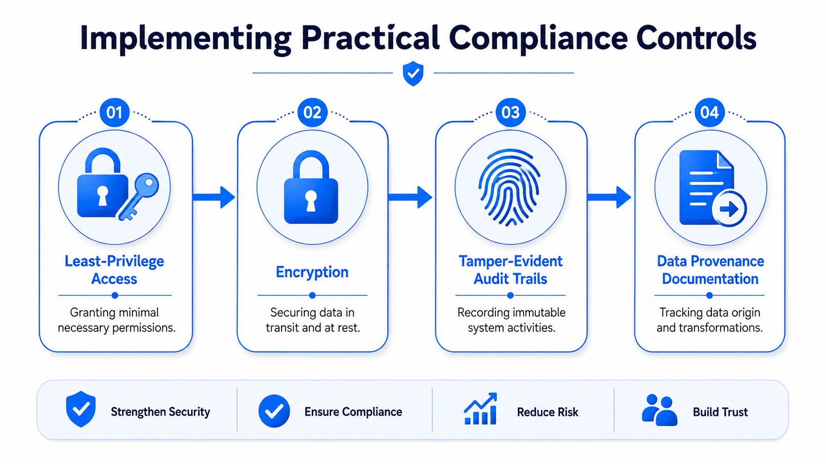 A diagram outlining four practical compliance controls: least-privilege access, encryption, tamper-evident audit trails, and data provenance documentation.