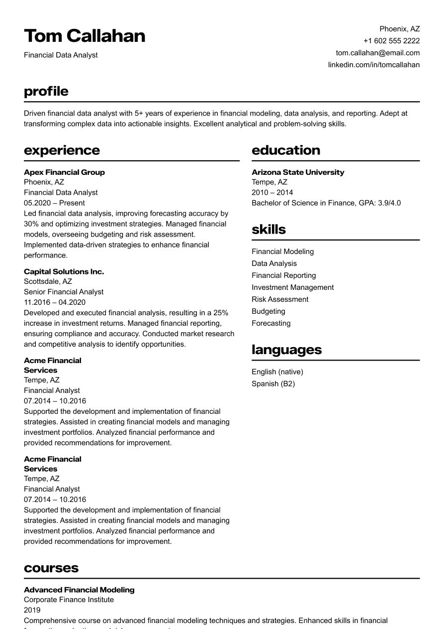 Financial data analyst resume example