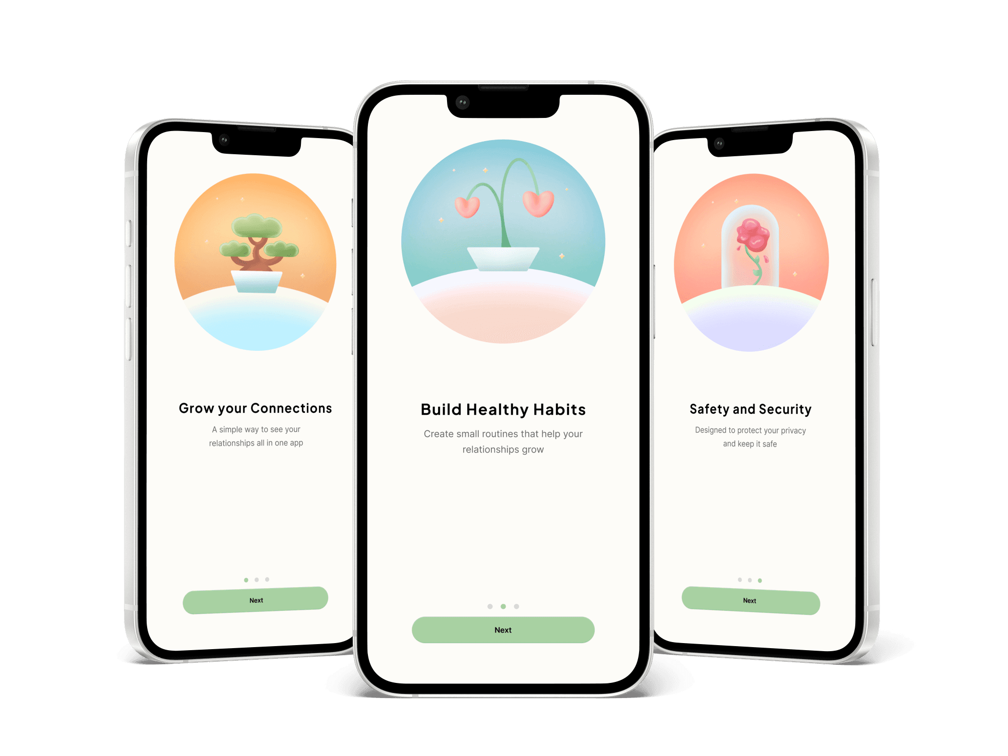 screens from the Growth App showing pot selection, plant selection, a personalised plant view, gesture sending, a relationship dashboard with activity tracking, a calendar view and the full plant collection.