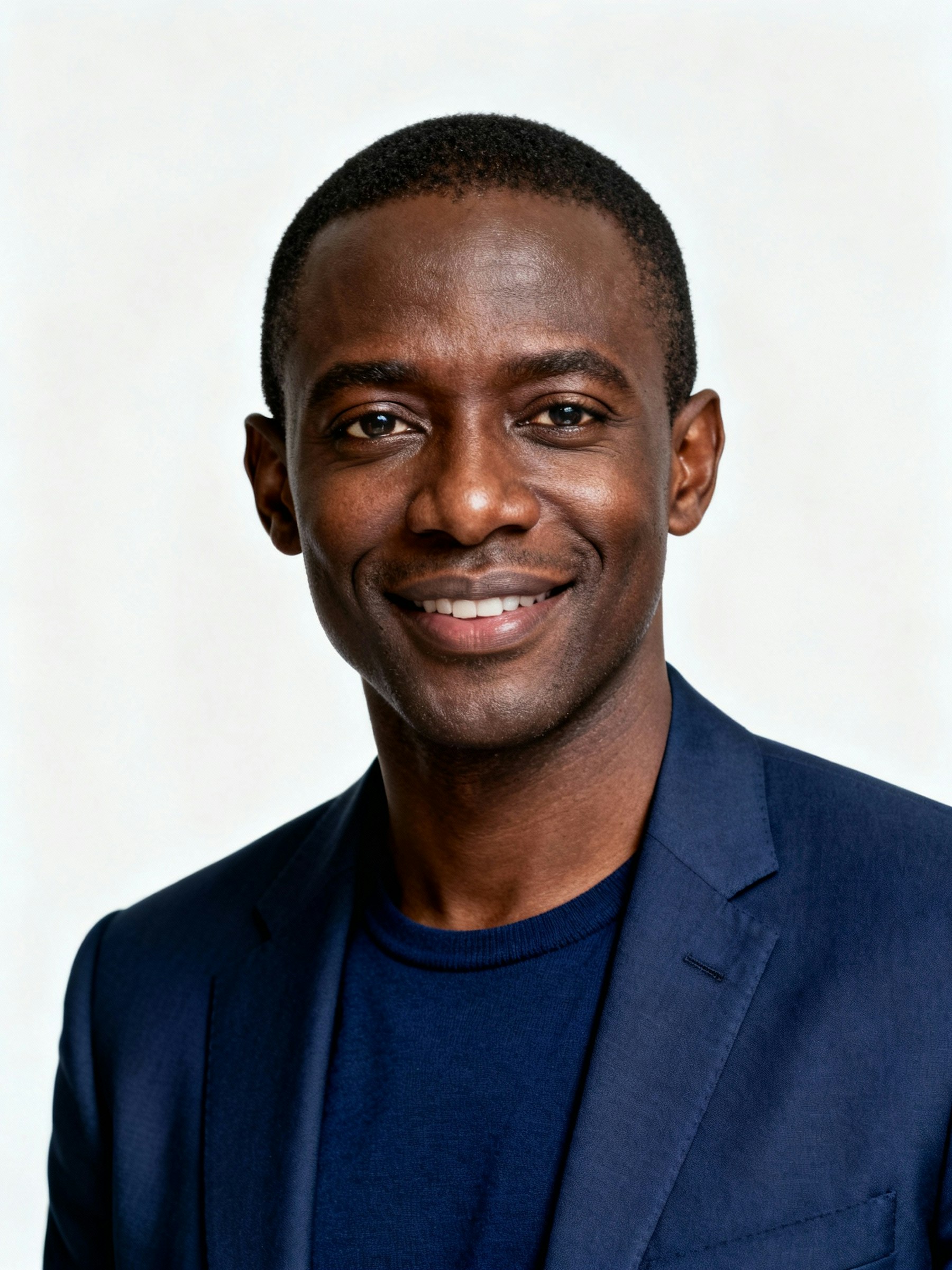 Professional portrait of a man in a navy blazer, smiling warmly against a light background.