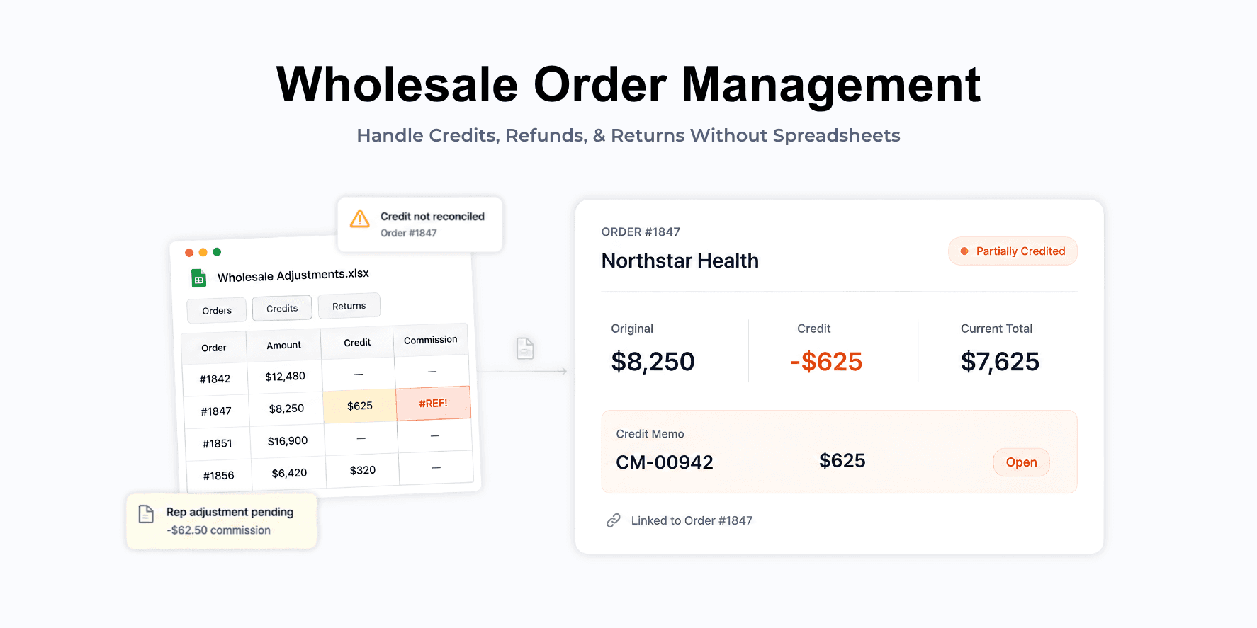 Wholesale order management dashboard showing an open credit memo next to a manual spreadsheet.