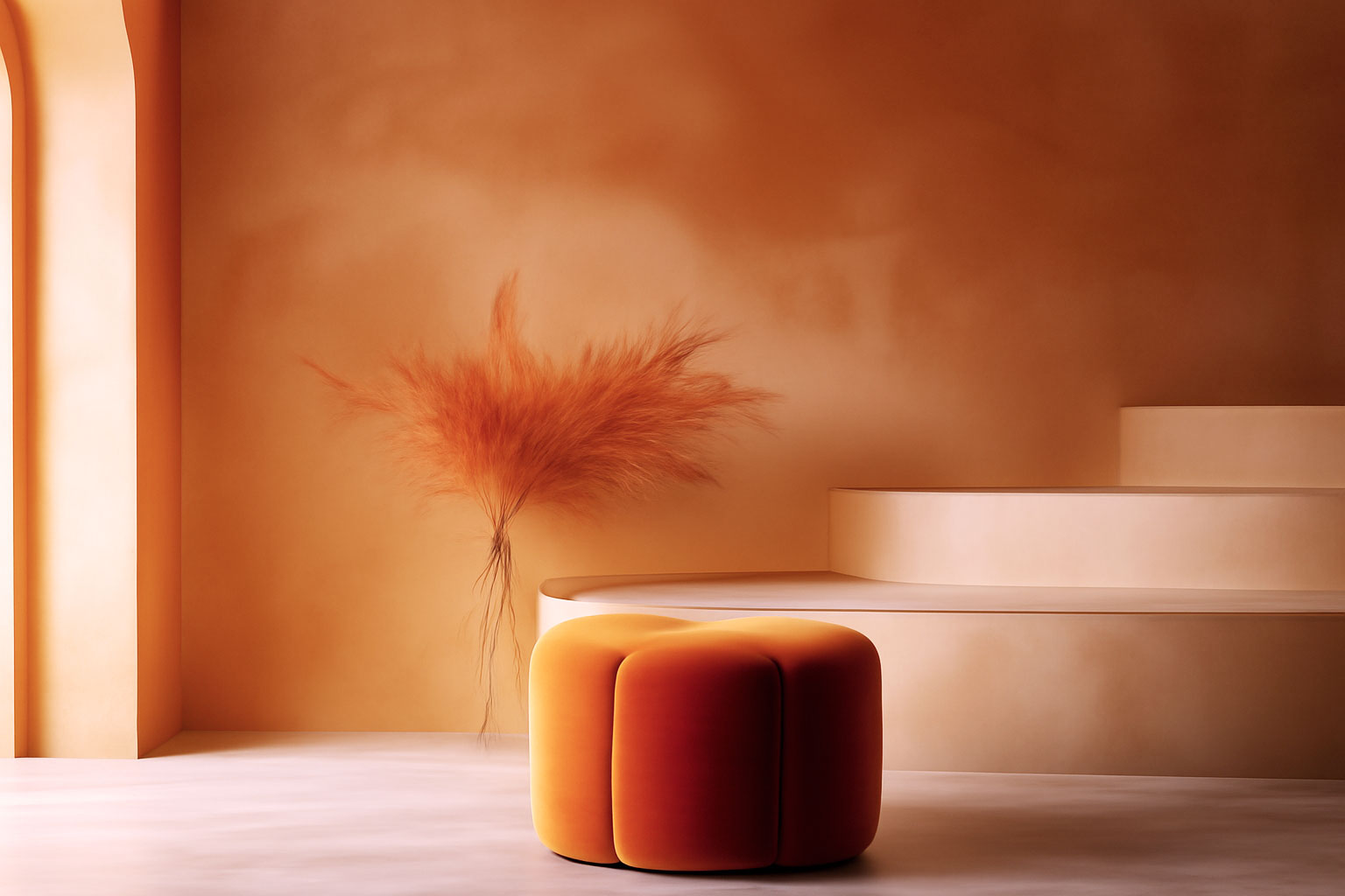 Soft peach-toned interior with curved steps, warm lighting, pampas grass, and an orange pouf.