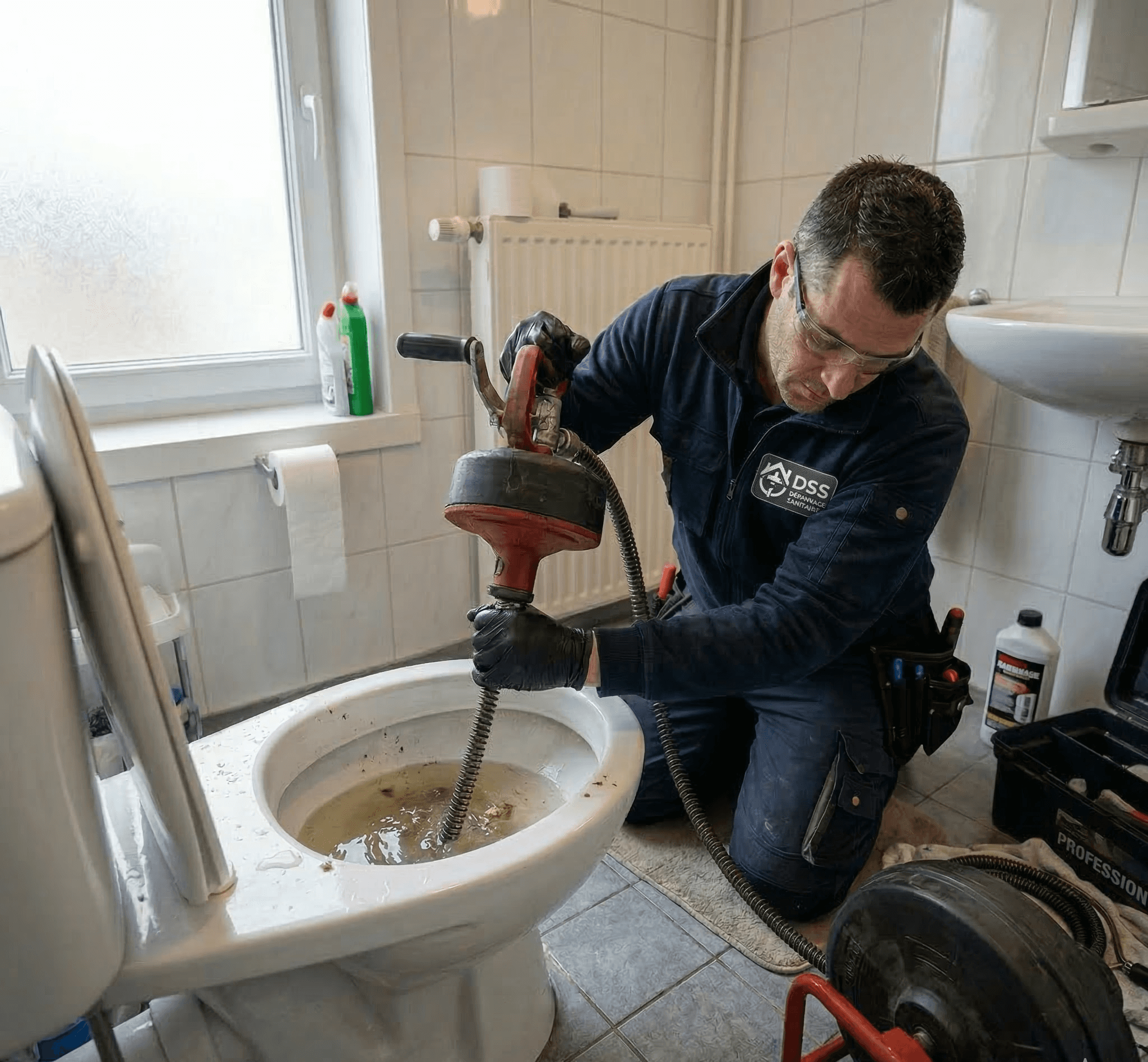 un plombier qui debouche toilette