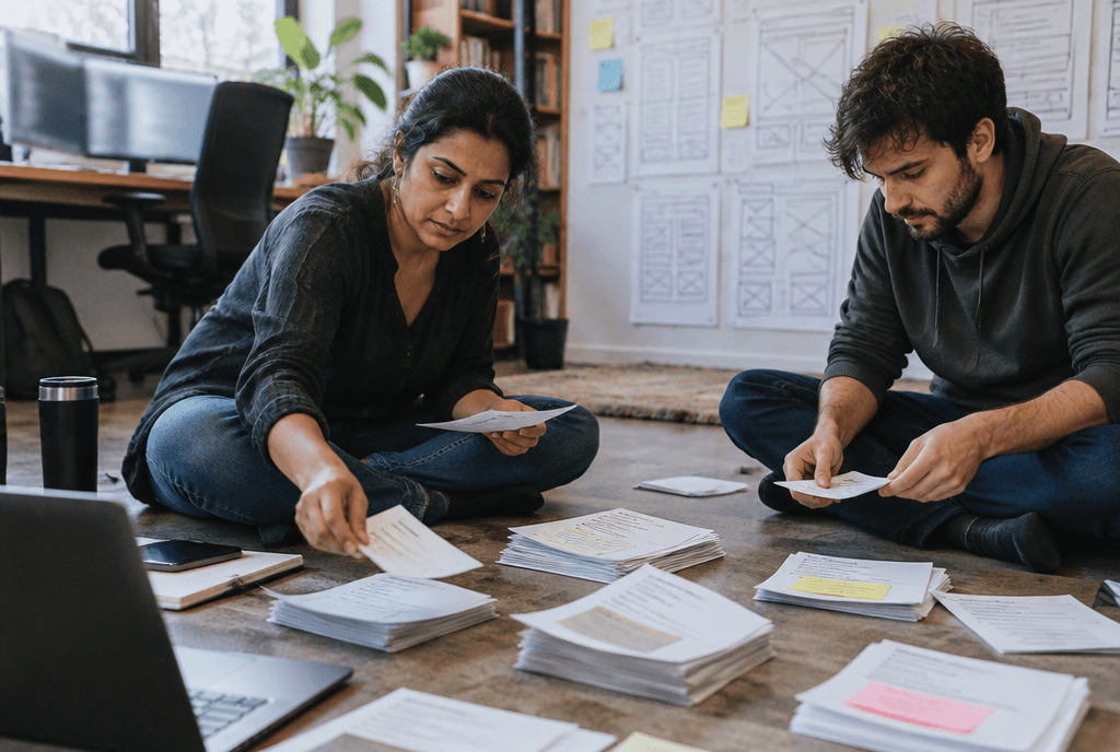 Content strategist and developer sorting printed keyword lists into piles on a studio floor