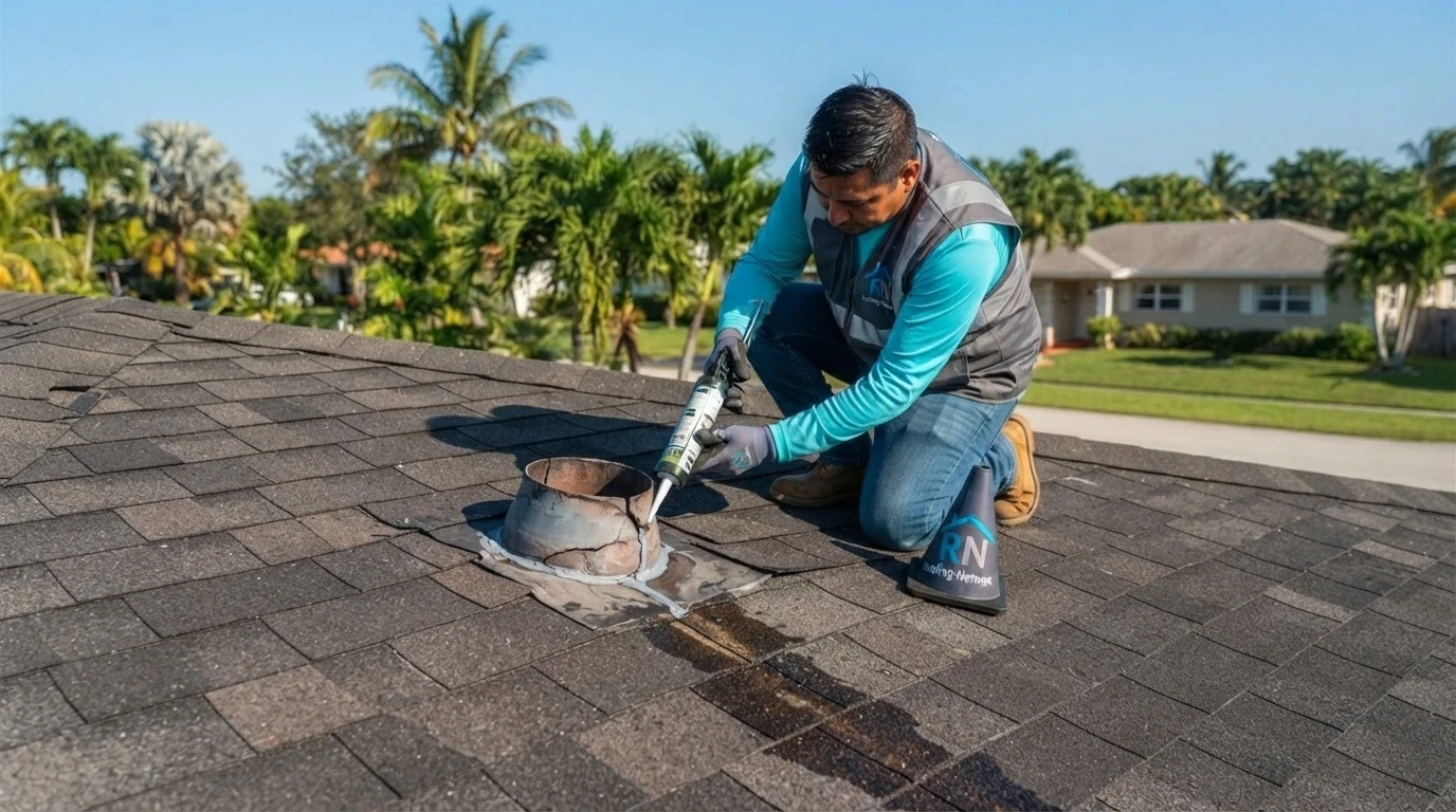 Roofing Network technician repairing a roof leak on a Plantation Florida ranch home