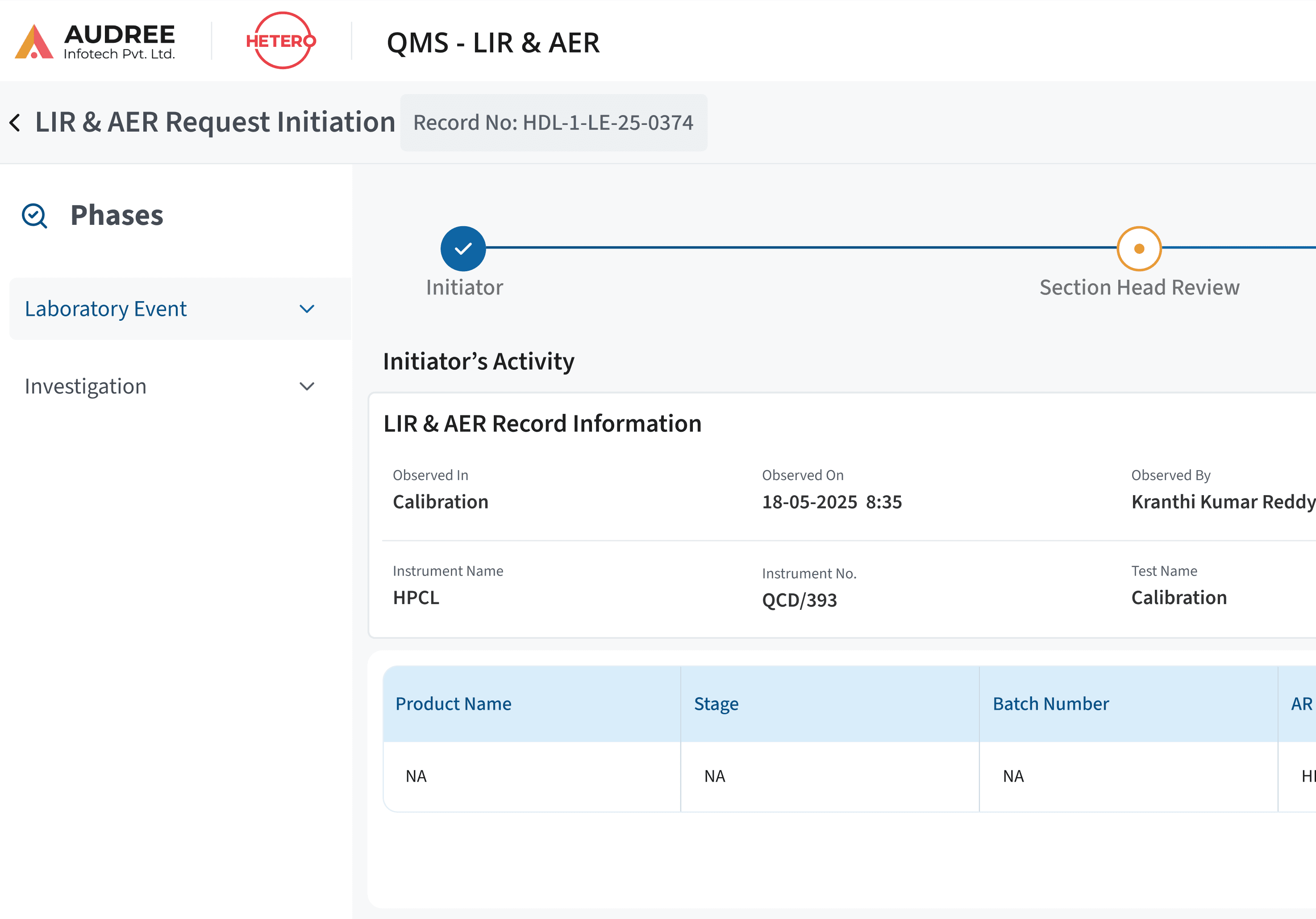 LIR & AER REquest Initiation Screen