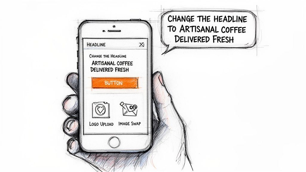 A hand holds a smartphone displaying a mobile app with a headline being updated.