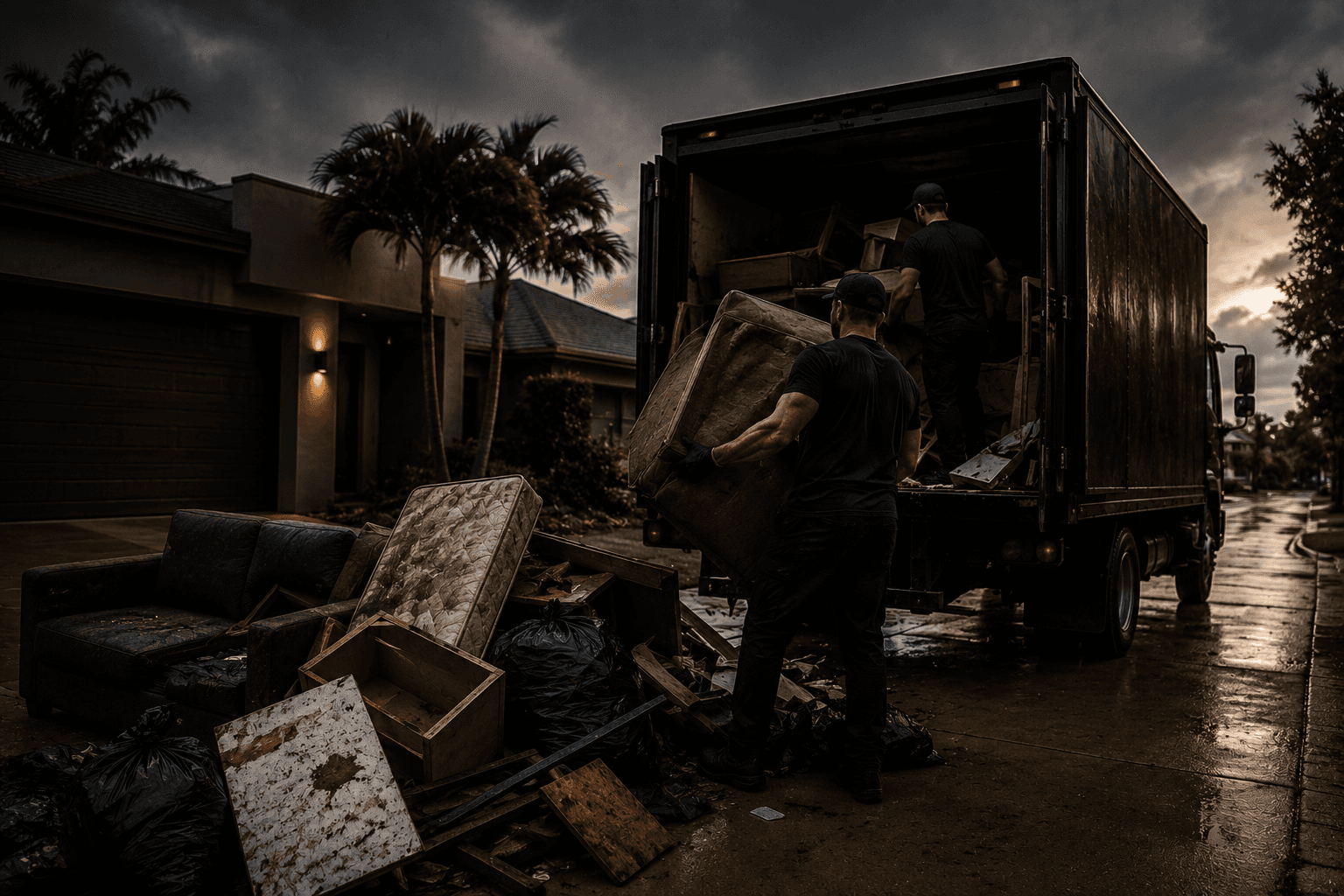 Rainy day junk removal at dusk