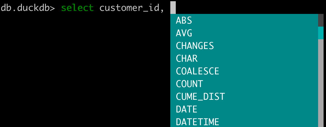 Screenshot of a SQL query in progress within the DuckDB console with an autocomplete suggestion box. The user has typed 'select customer_id,' and the suggestion box is displaying a list of SQL functions such as ABS, AVG, CHANGES, CHAR, among others.