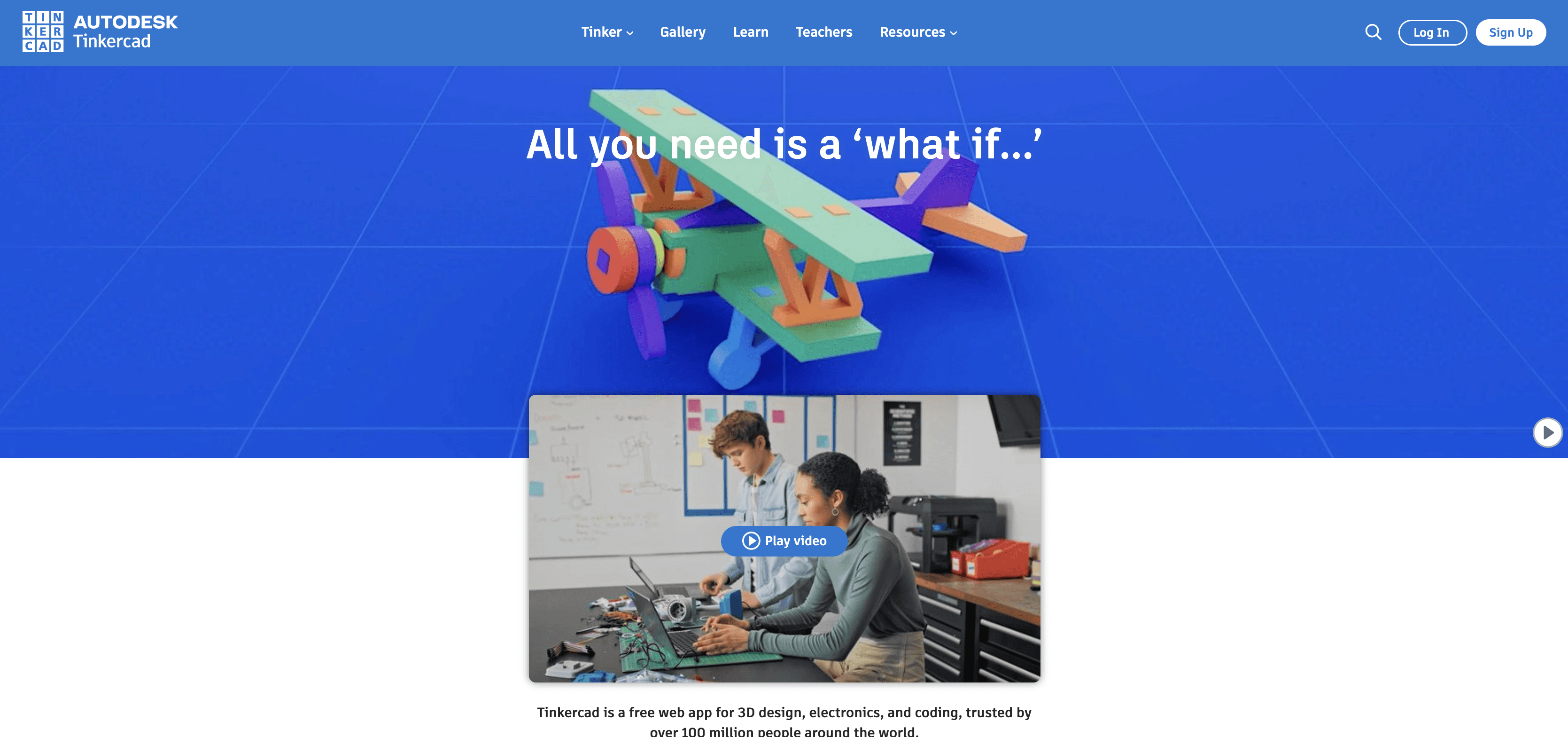 Autodesk Tinkercad homepage screenshot showing beginner-friendly browser-based 3D design software