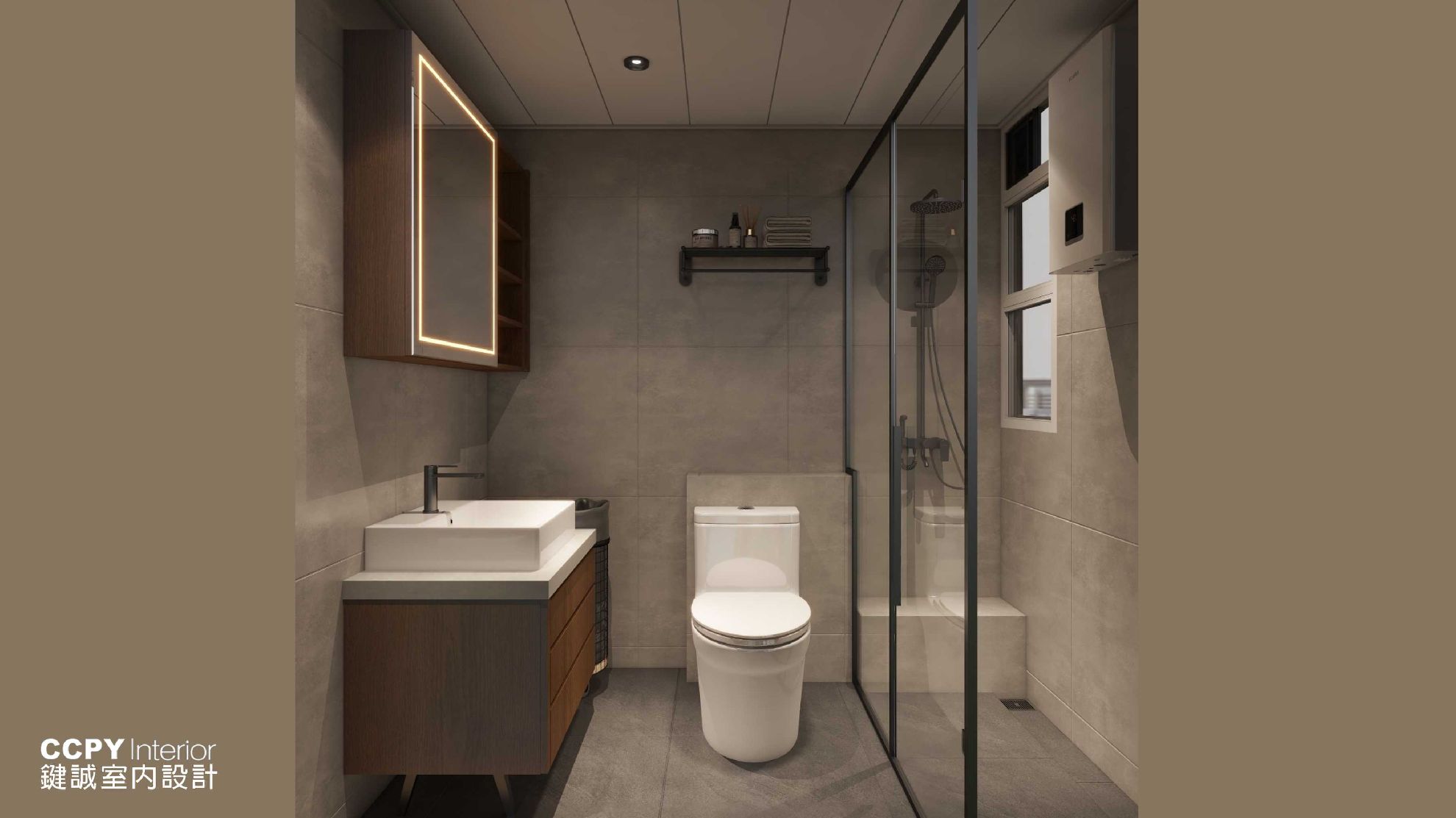 Modern bathroom with vanity, toilet, and shower