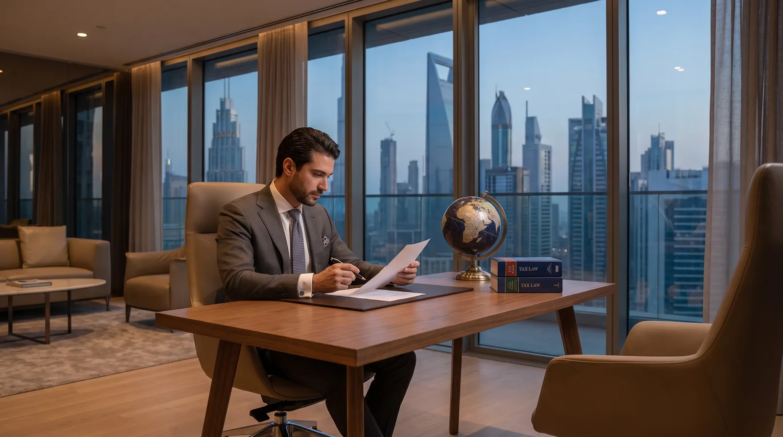 French founder reviewing cross border tax papers for a Dubai company at a modern office