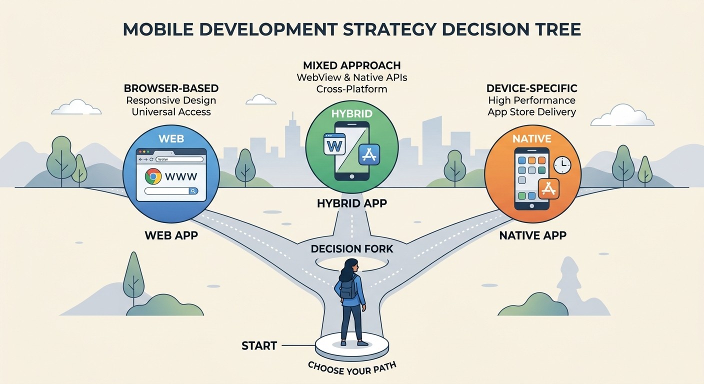 Illustration of a decision fork in the road showing web, native, and hybrid app paths