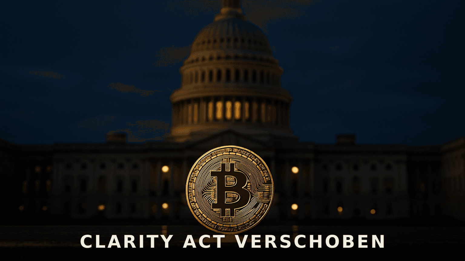 Goldene Bitcoin-Münze vor dem US-Kapitol in der Dämmerung, Schriftzug Clarity Act verschoben