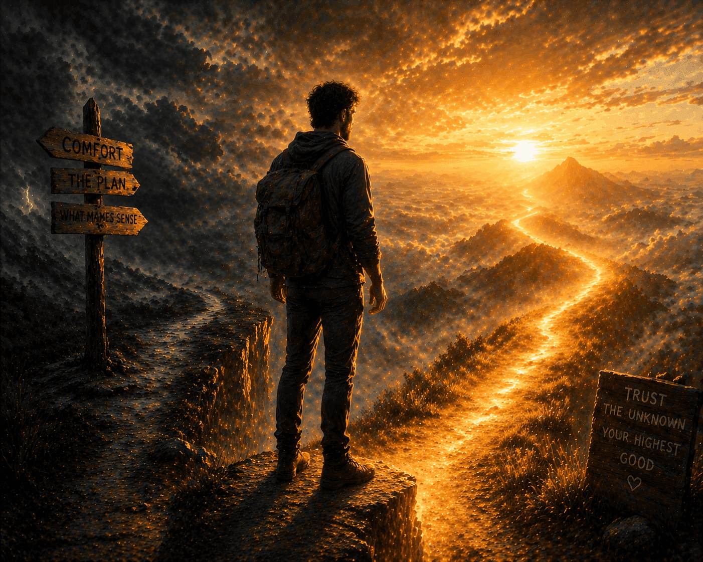 A symbolic scene of following inner guidance into uncertainty, with a path illuminated beyond fear