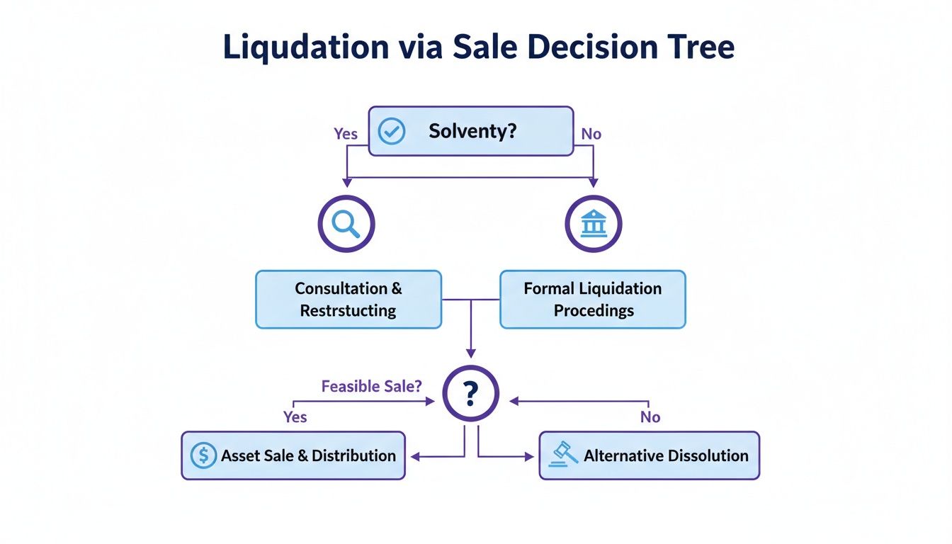 Decision tree illustrating the process of company liquidation via sale, based on solvency and sale feasibility.