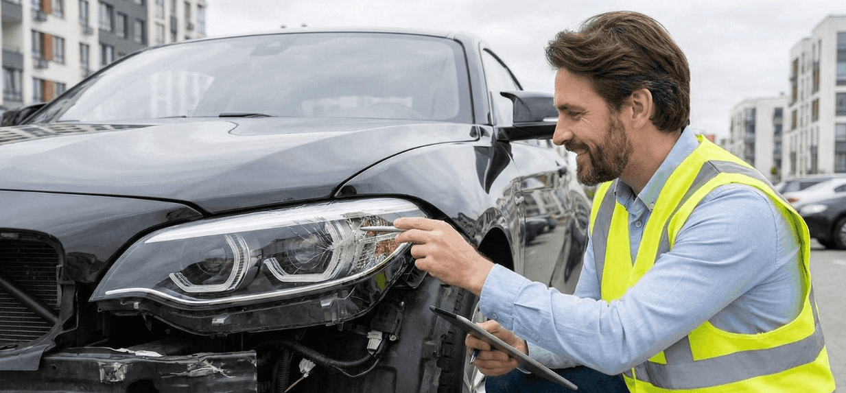 Zertifizierter KFZ-Gutachter von UnfallCheck Nord bei der professionellen Schadensaufnahme an einem Unfallfahrzeug.