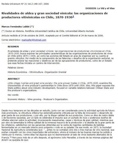 Rivalidades de aldea y gran sociedad vinícola: las organizaciones de productores vitivinícolas en Chile, 1870-1930