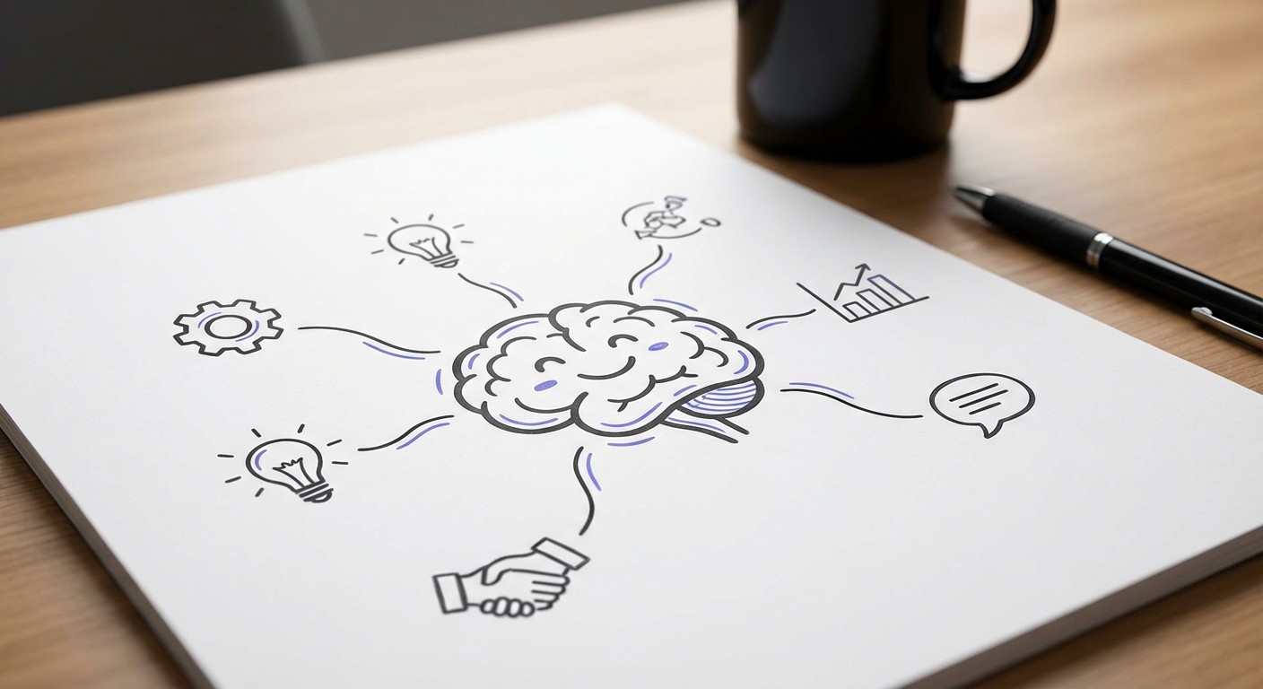 An ecosystem map diagram showing a central 'brain' icon connected to various business function nodes, illustrating the SalesDay framework's role as a central hub.