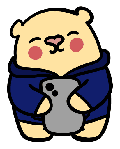 Larry the bear holding a phone