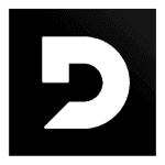 Black background with a white stylized “D” shape.