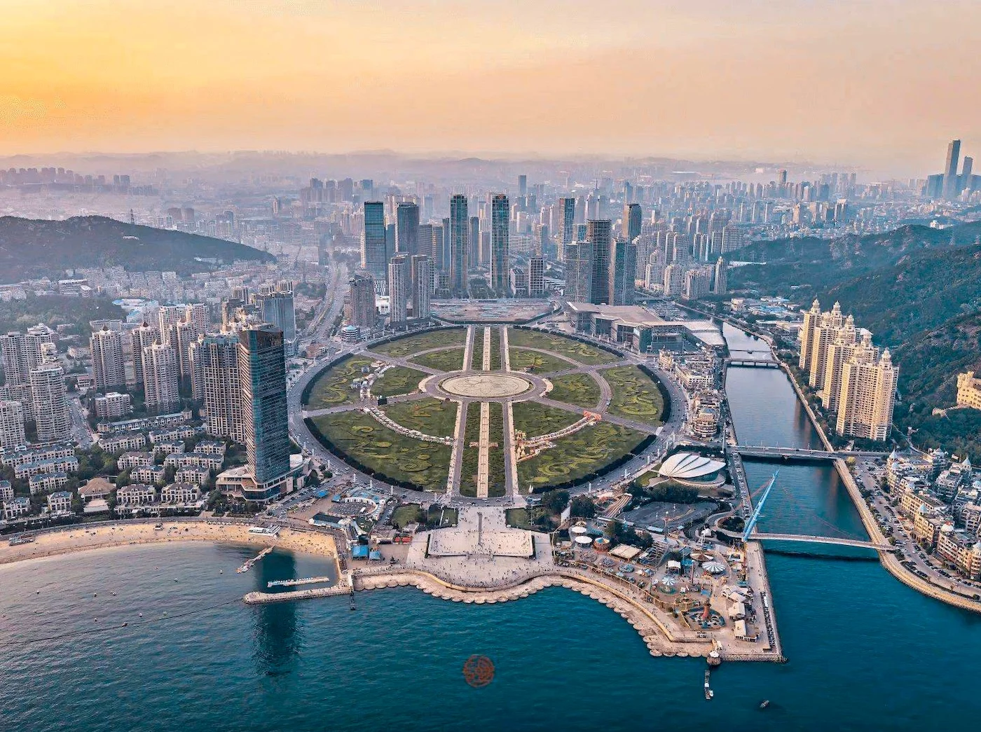 Dalian coastal skyline sunset