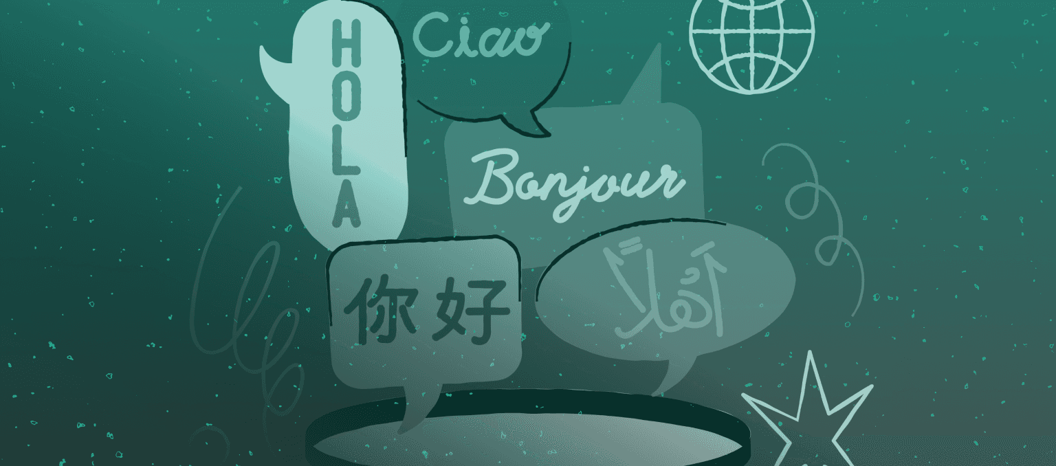 Speech bubbles greeting in several languages, the first hello that a welcome email series delivers to new subscribers.