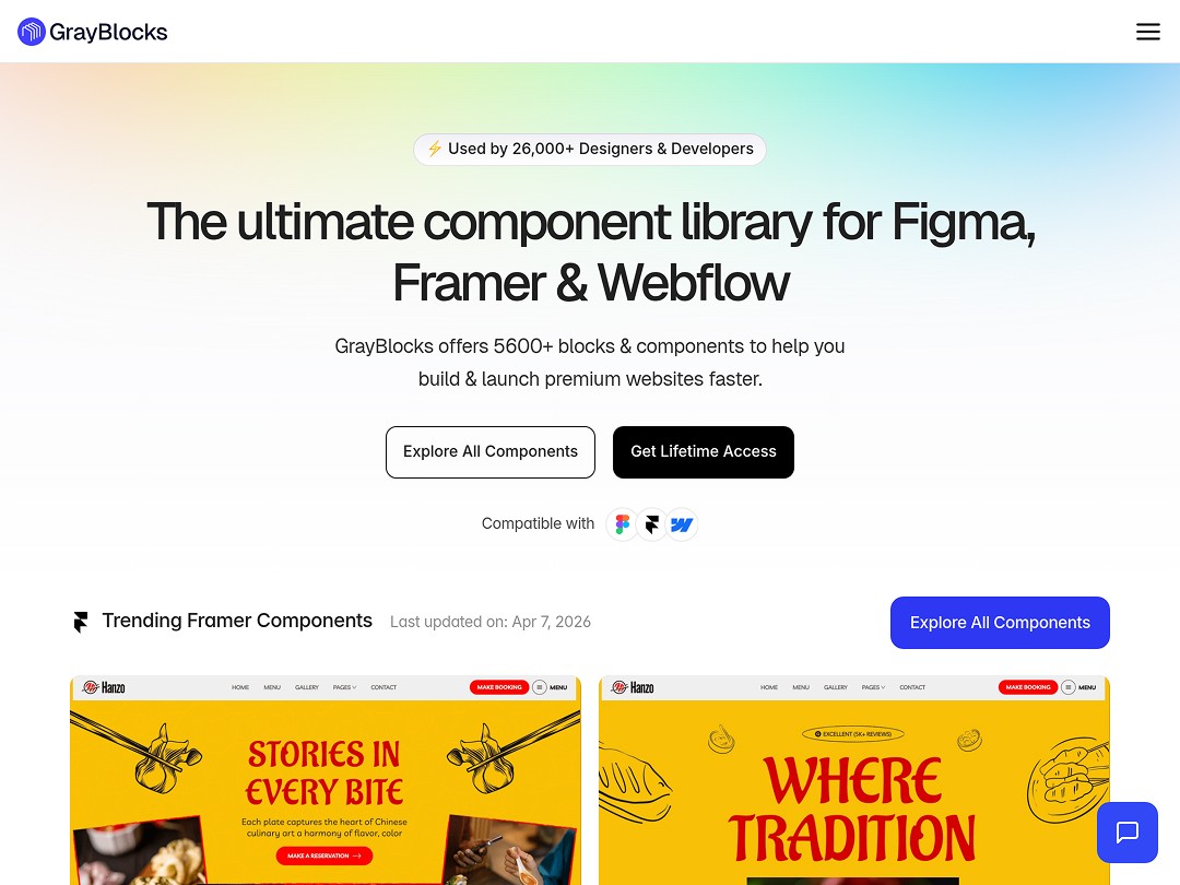 GrayBlocks site advertises a component library for design platforms.