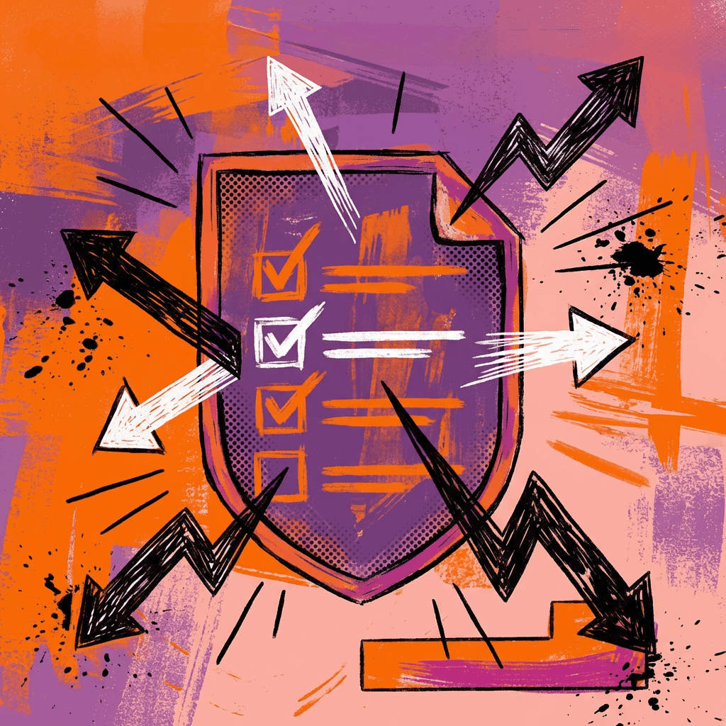 Eine stilisierte Illustration eines violetten Schildes mit einer Checkliste, das von Pfeilen umgeben ist, die Angriffe und Abwehr symbolisieren.