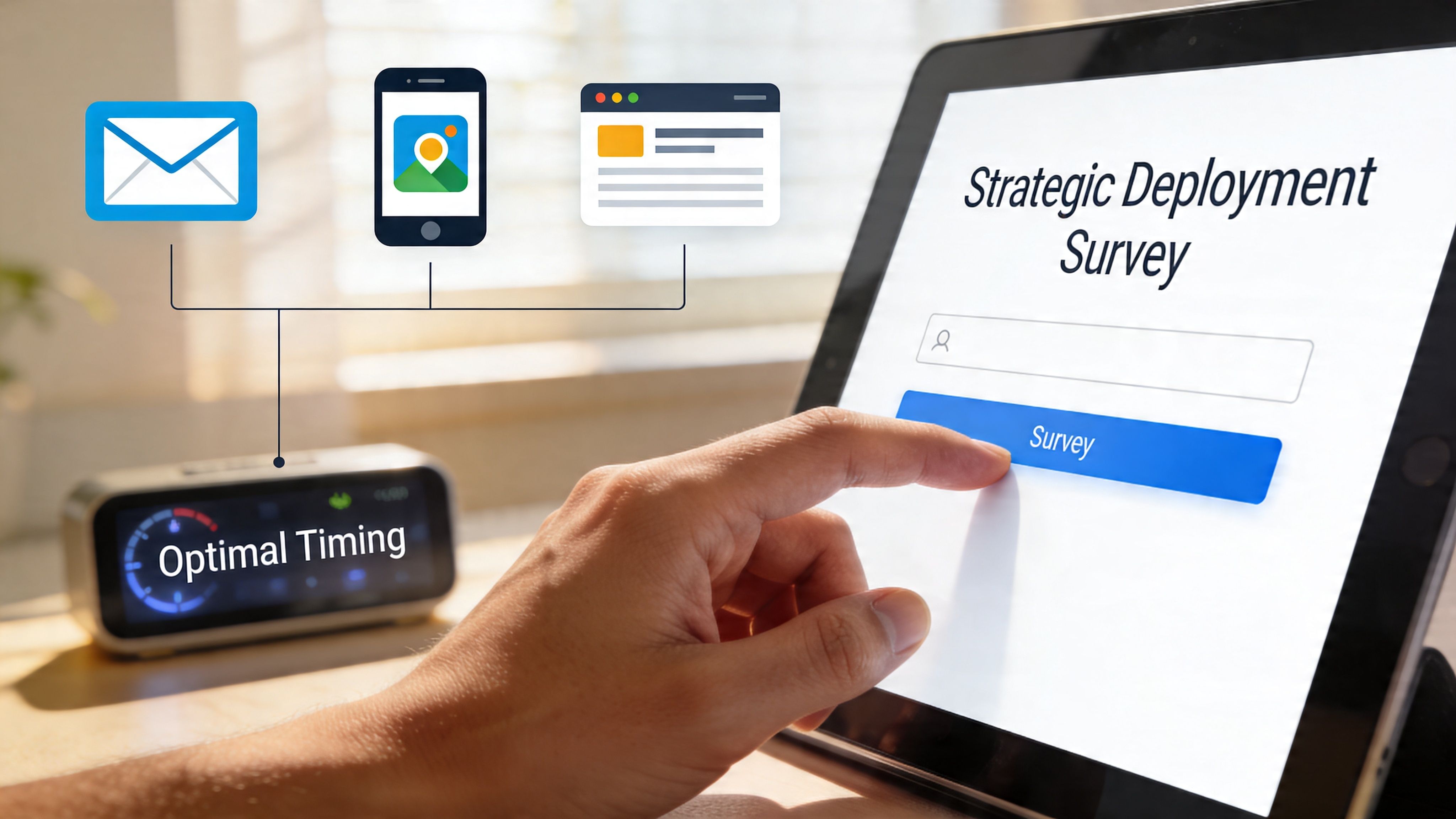 A person using a tablet to access a strategic deployment survey linked to various communication platforms.
