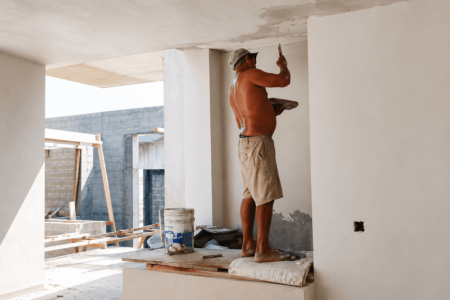 Trabajador realizando acabados interiores y aplanados en una vivienda residencial en Puerto Vallarta