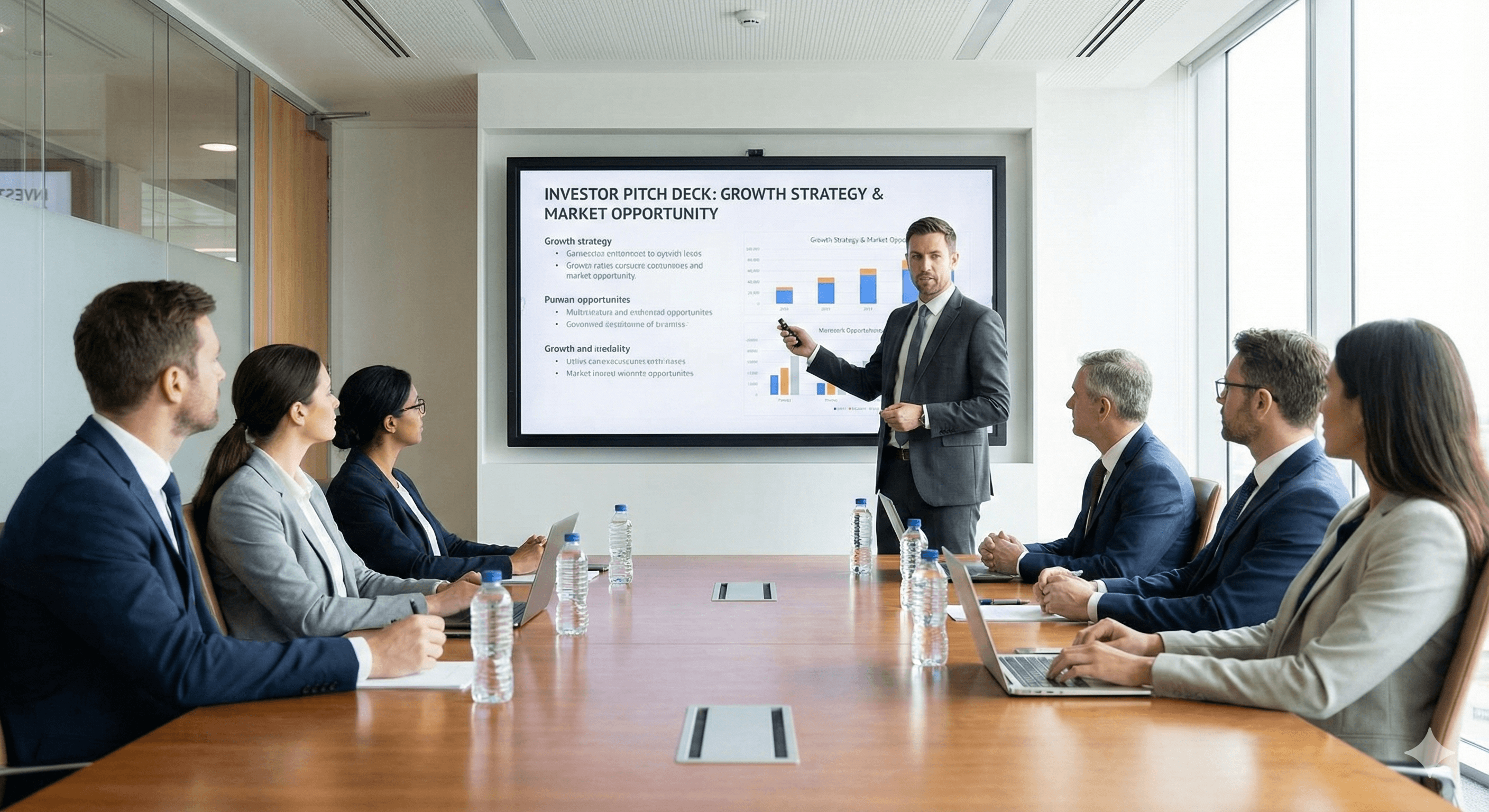 A professional investor pitch deck displayed during a boardroom presentation.