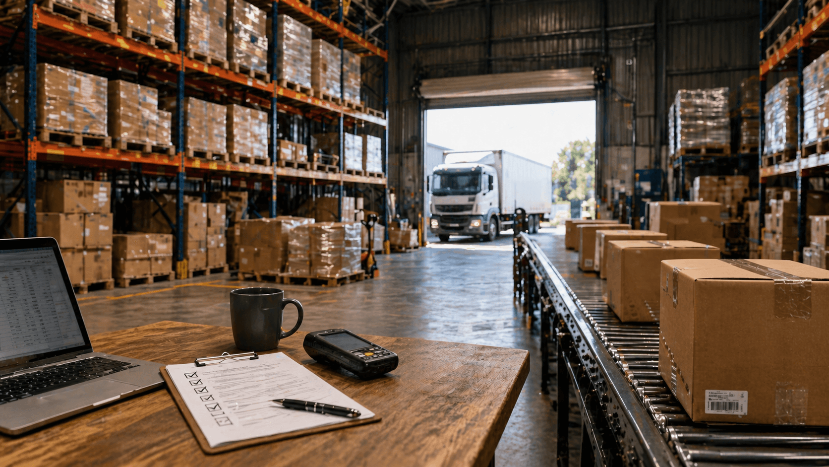 Armazém logístico amplo em estilo realista 3D, com prateleiras altas cheias de caixas, esteira com pacotes em movimento, caminhão parado na doca ao fundo e uma mesa em primeiro plano com notebook, prancheta e caneca, sem presença de pessoas.