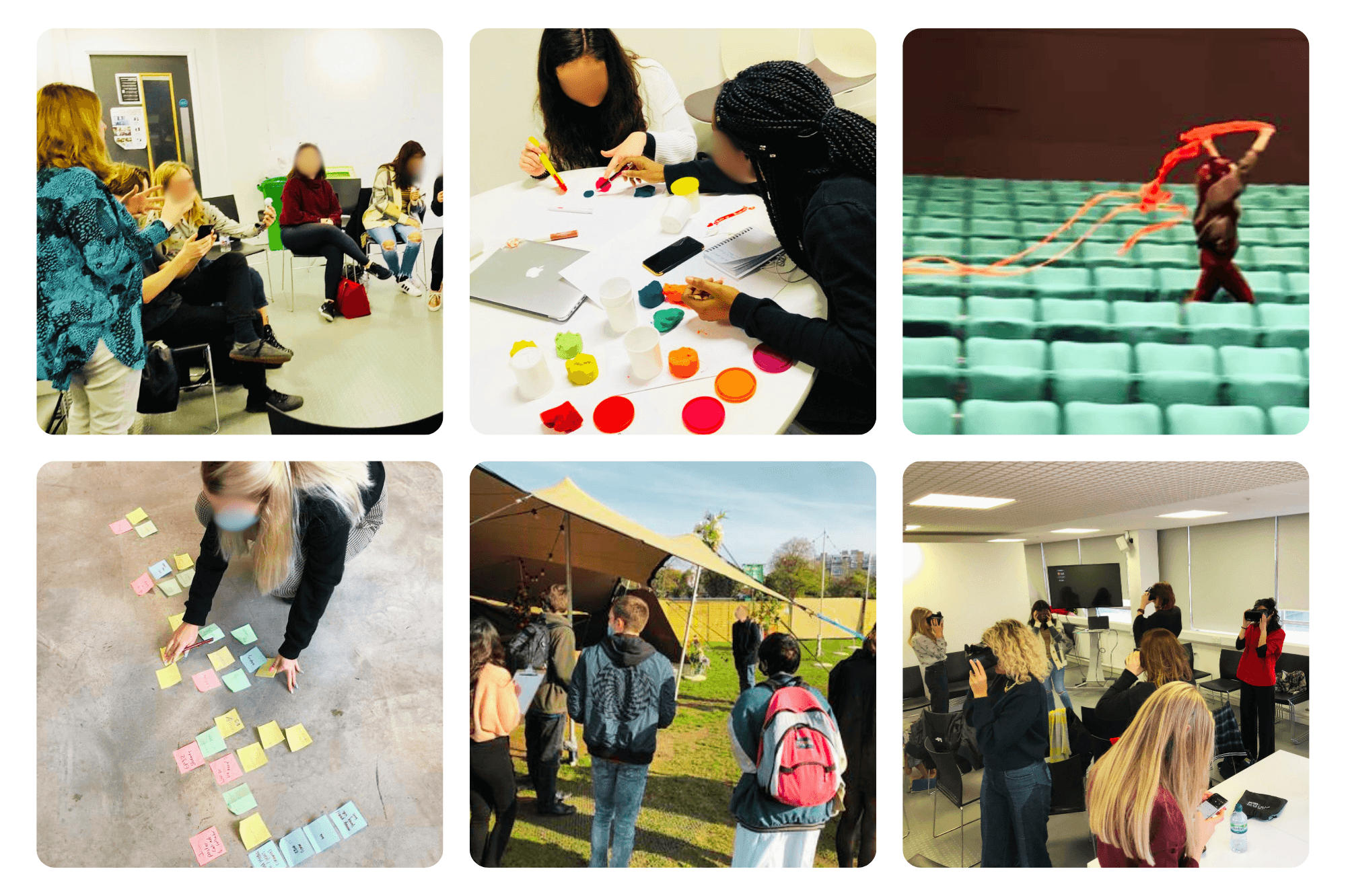 Top centre — Career exploration through play: "Students exploring career planning through a hands-on activity using colourful modelling clay and printed materials spread across a table" Top right — Cinema event: "A performer with red rope installation work on stage in front of rows of empty green cinema seats" Bottom left — Event planning in action: "A student arranging colourful sticky notes in a pattern on a concrete floor as part of an event planning exercise" Bottom centre — Festival field trip: "A group of students standing outdoors at a festival venue, observing the site setup under a large canvas canopy structure" Bottom right — VR workshop: "Students using VR headsets during a workshop led by Emmeline Rodman, in a modern classroom setting"