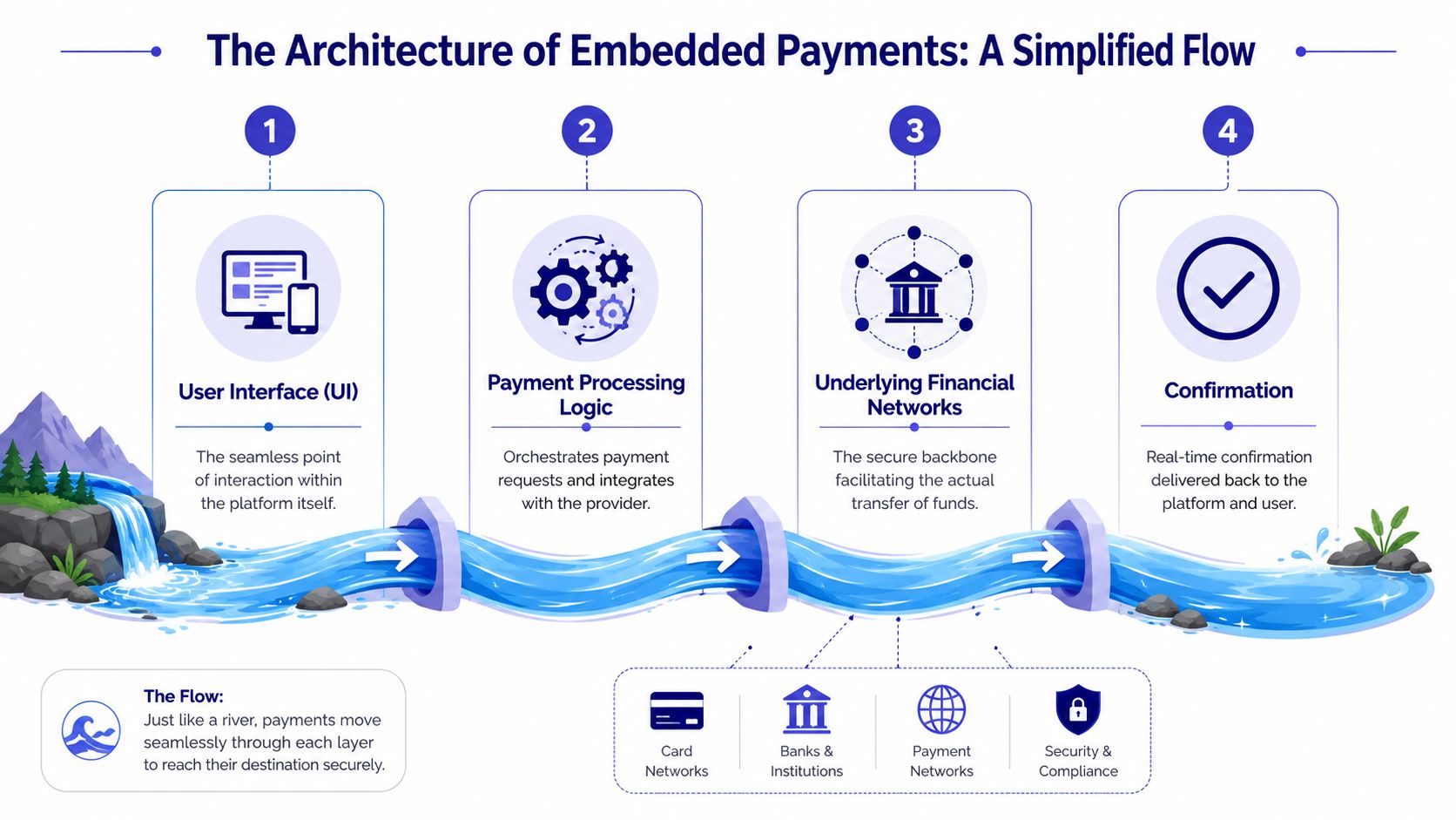 A diagram illustrating the four steps of an embedded payment flow from interface to final confirmation.