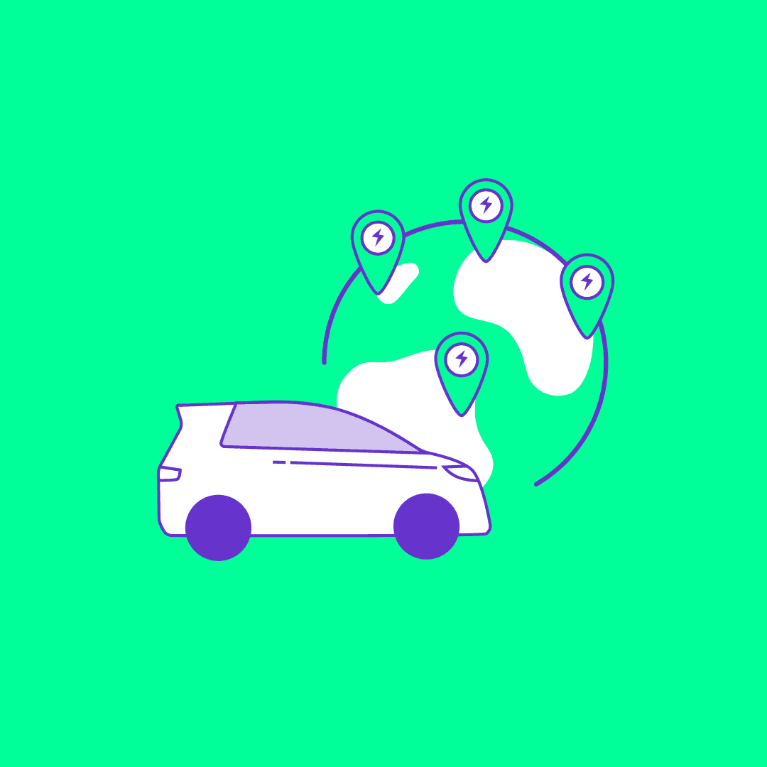 Elli illustration of electric vehicle with multiple charging location pins connected on mint green background